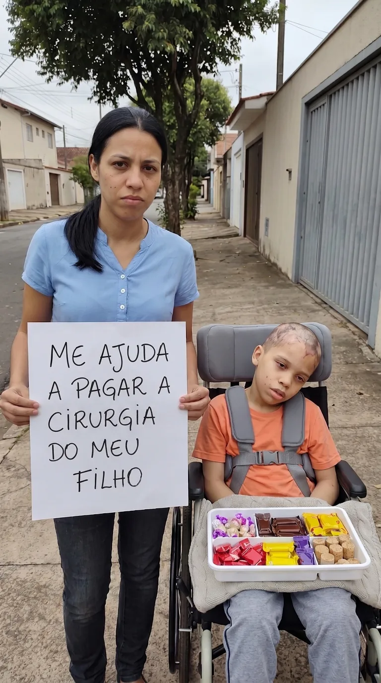 Aline com a bandeja de balas, Henrique ao lado na cadeira de rodas